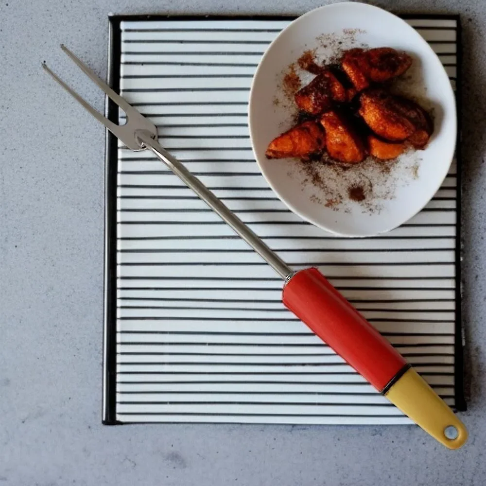 A&J Ecko Serving Fork Vintage Red Yellow Handle‎ Stainless Steel USA Melamine